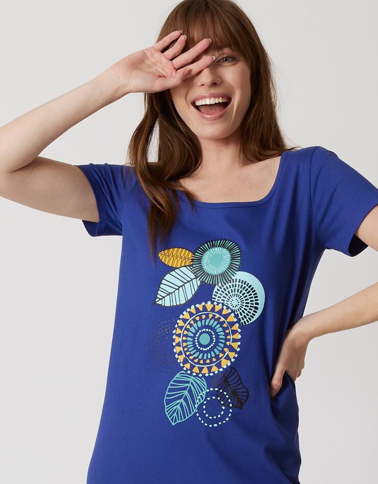 Chemise de nuit longue manches courtes motif «rosaces » (bleu dur)