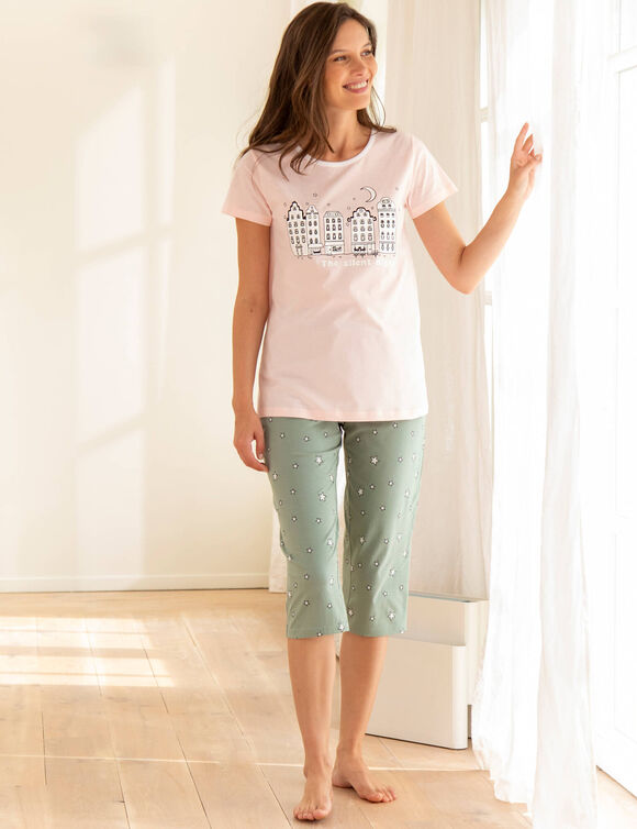 Pyjama pantacourt imprim&eacute; ville &eacute;toil&eacute;e (kaki / rose)