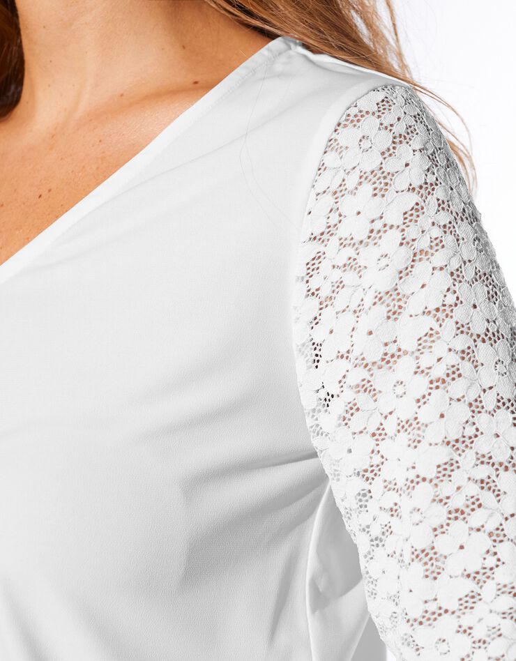 Tee-shirt dentelle col V manches 3/4 (blanc) Tee-shirt dentelle col V manches 3/4 (blanc)