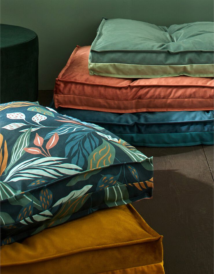 Long coussin de sol bi-matière velours/coton uni (bleu paon)