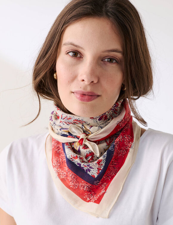 Foulard carr&eacute; imprim&eacute; floral (&eacute;cru / corail)