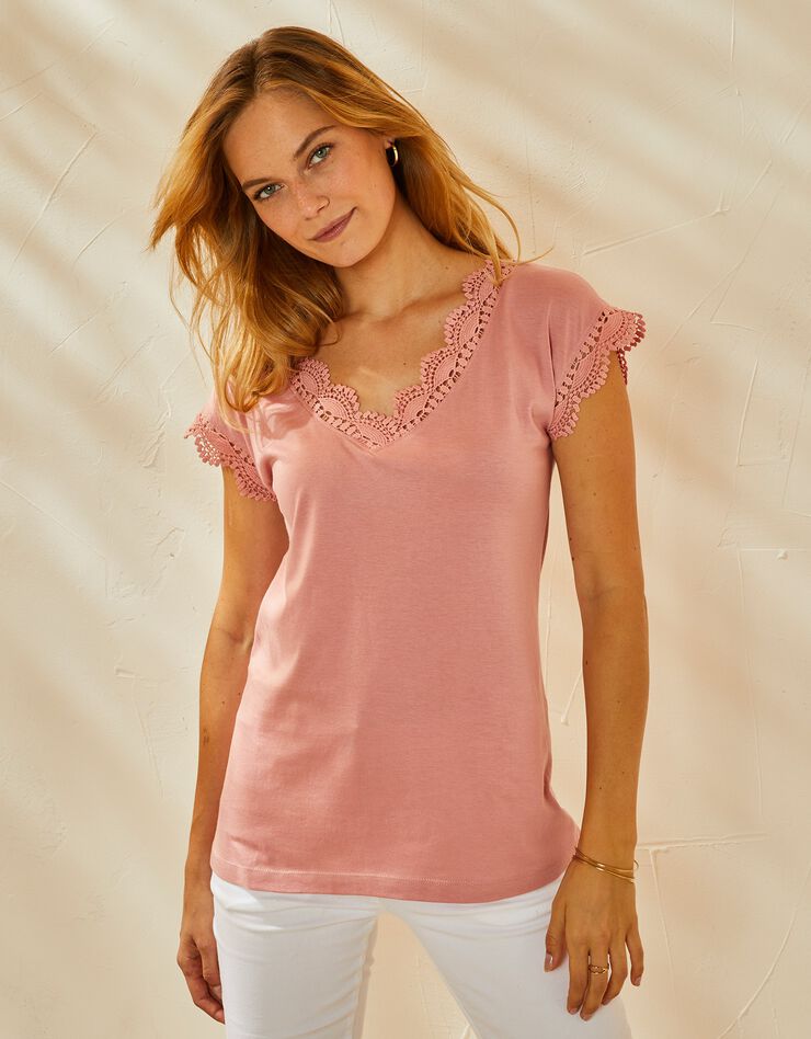 Tee-shirt uni col V macramé (bois de rose)