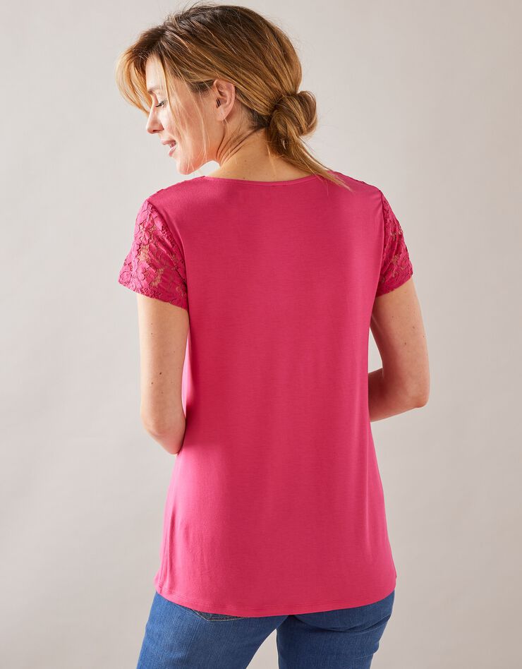 Tee-shirt dentelle col rond manches courtes (framboise) Tee-shirt dentelle col rond manches courtes (framboise)