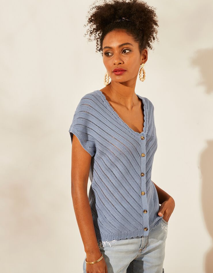 Gilet boutonné à manches courtes, maille fantaisie (bleu grisé) Gilet boutonné à manches courtes, maille fantaisie (bleu grisé)