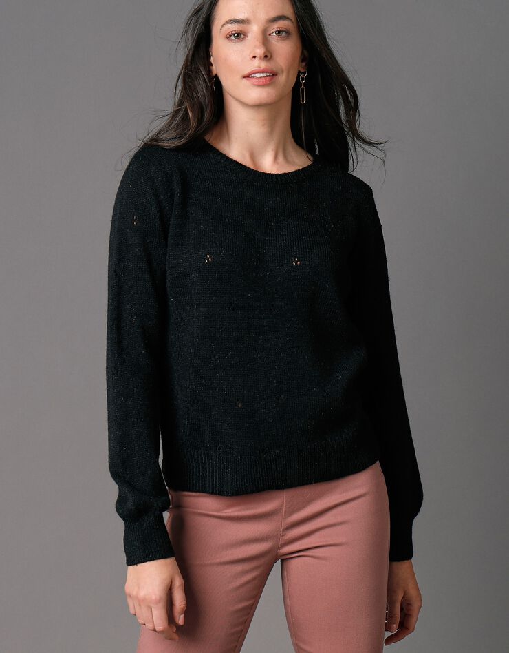 Pull col rond, maille pointelle toucher mohair (noir)