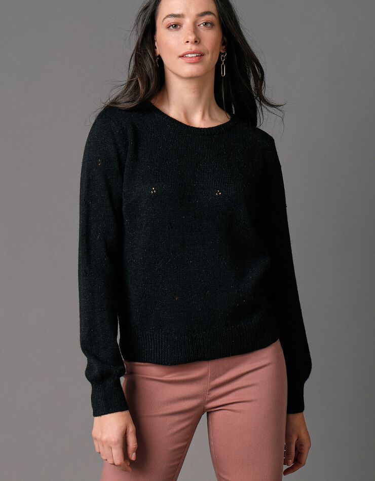 Pull col rond, maille pointelle toucher mohair (noir) Pull col rond, maille pointelle toucher mohair (noir)