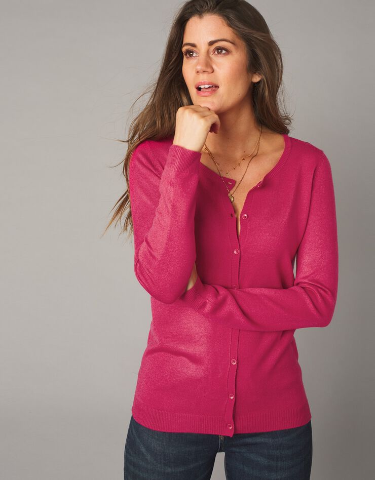 Cardigan boutonné col rond uni toucher cachemire (cerise) Cardigan boutonné col rond uni toucher cachemire (cerise)