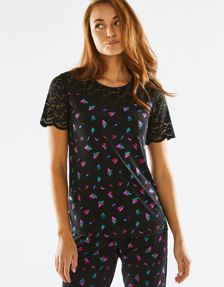 Tee-shirt empiècement dentelle col rond manches courtes, imprimé (noir / multicolore) Tee-shirt empiècement dentelle col rond manches courtes, imprimé (noir / multicolore)