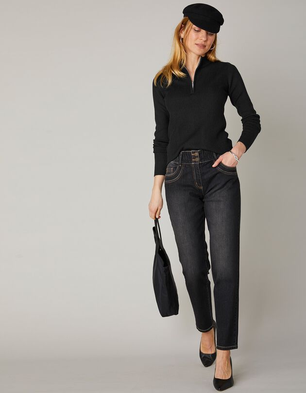 Pull col montant zippé maille côtelée (noir) Pull col montant zippé maille côtelée (noir)