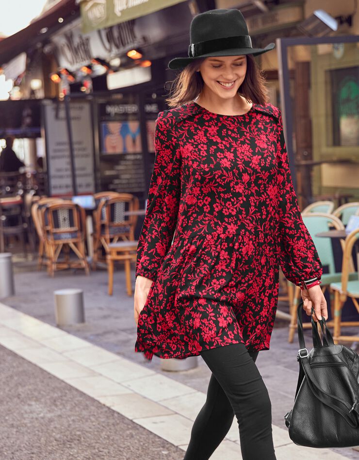 Tunique évasée imprimée crêpe fluide (noir / rouge) Tunique évasée imprimée crêpe fluide (noir / rouge)