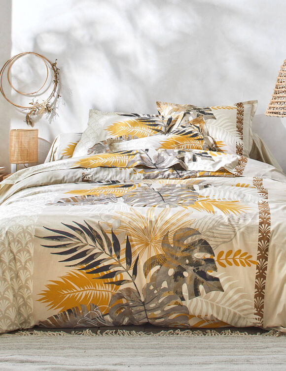 Linge de lit Cayenne en coton imprimé feuilles de palmiers (beige)