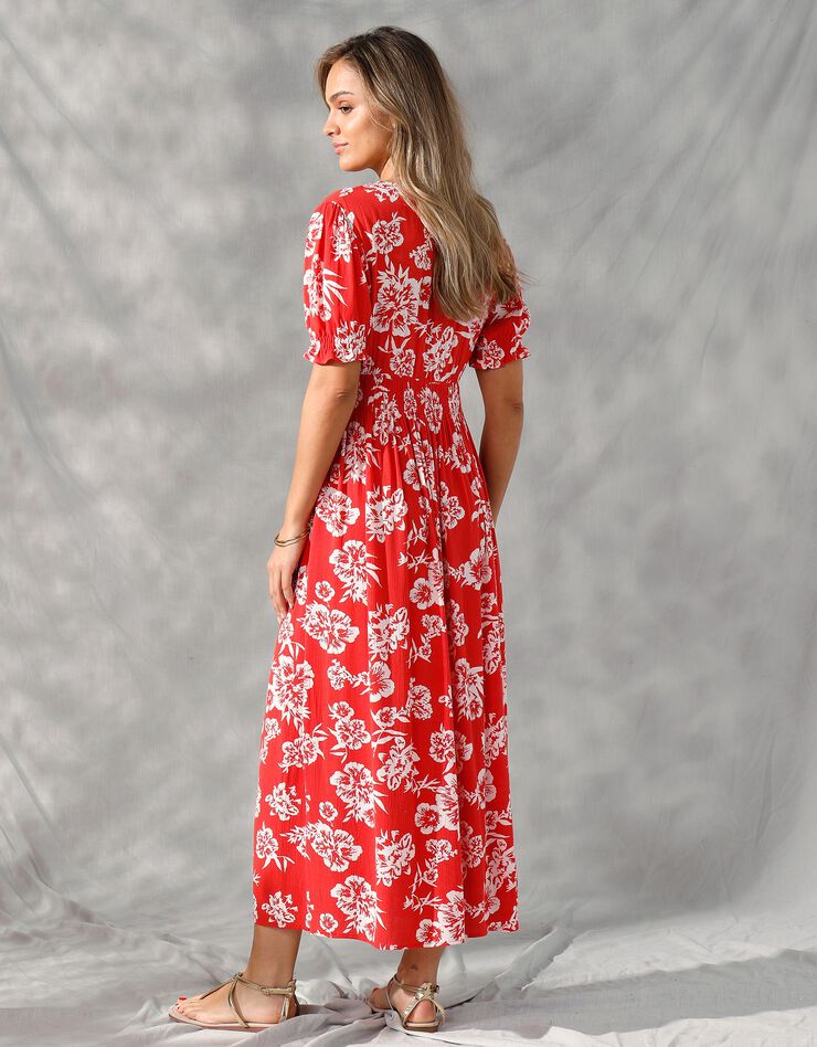 Robe longue découpe smockée imprimée bicolore (rouge / écru)