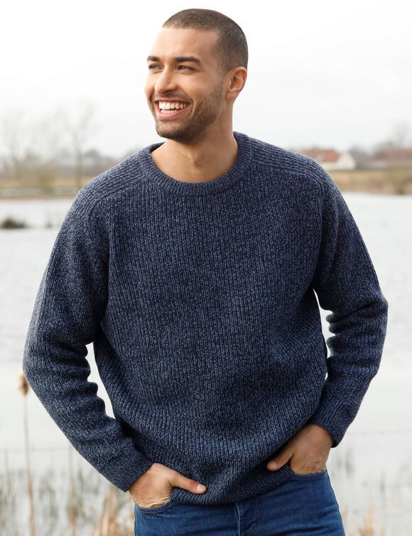 Pull col rond manches marteau côtes anglaises 30% laine (bleu mouliné)
