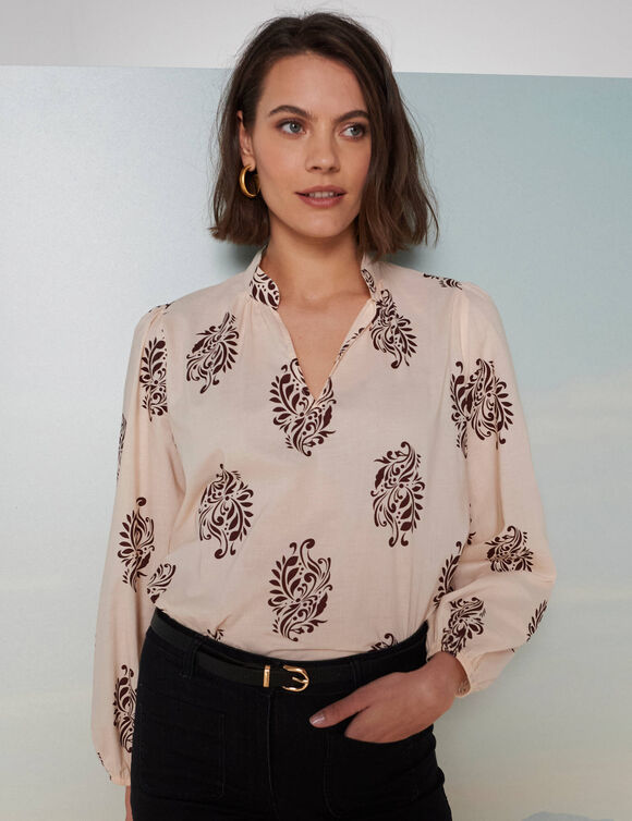 Blouse col montant, manches blousantes imprimées (beige / bordeaux)
