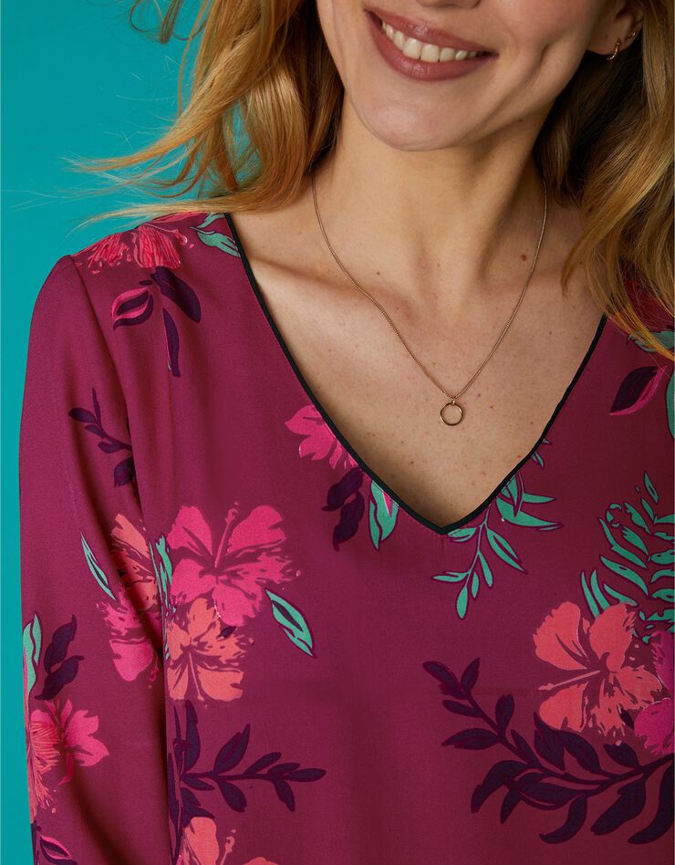 Robe évasée imprimée biais contrastés (prune / corail) Robe évasée imprimée biais contrastés (prune / corail)