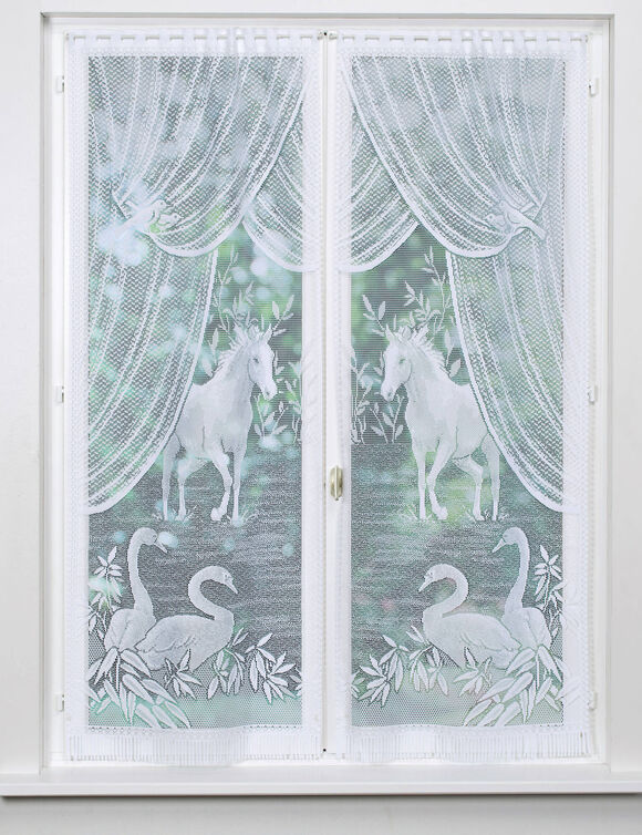 Vitrage droit peint motif chevaux finition passe-tringle - la paire (blanc)