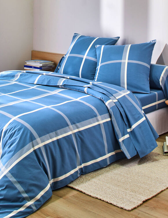 Linge de lit César en coton imprimé carreaux (bleu)