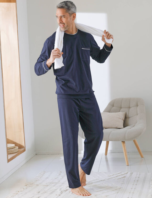 Pyjama coton passepoils contrast&eacute;s (marine)