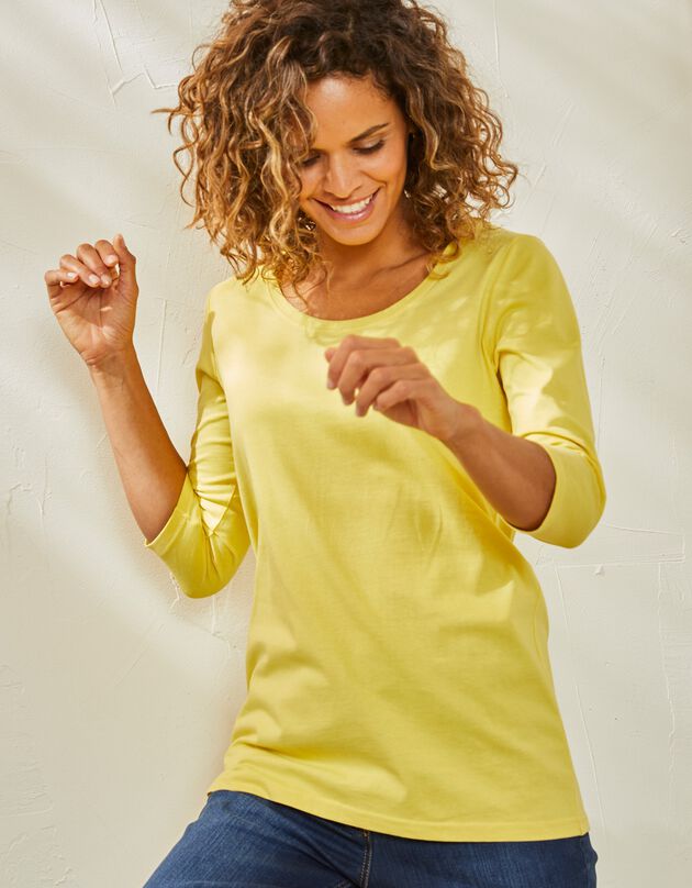 Tee-shirt manches 3/4 col rond uni coton (jaune pâle)