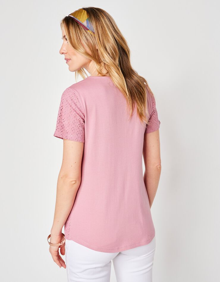 Tee-shirt col V broderie anglaise (rose grisé) Tee-shirt col V broderie anglaise (rose grisé)