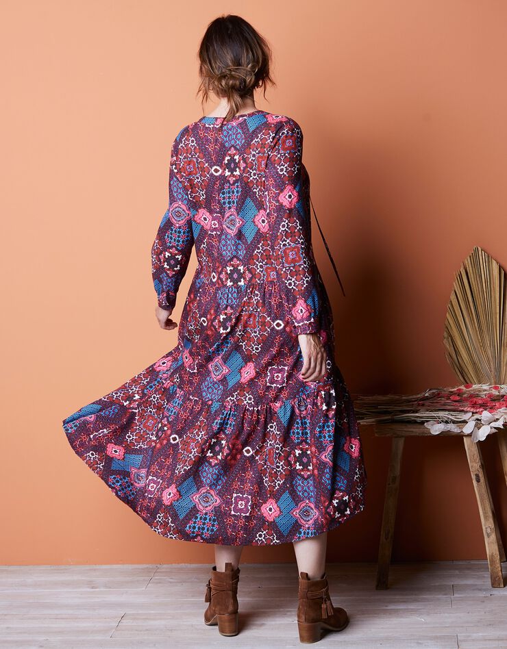 Robe longue imprimé patchwork – manches longues (terracotta / bleu) Robe longue imprimé patchwork – manches longues (terracotta / bleu)