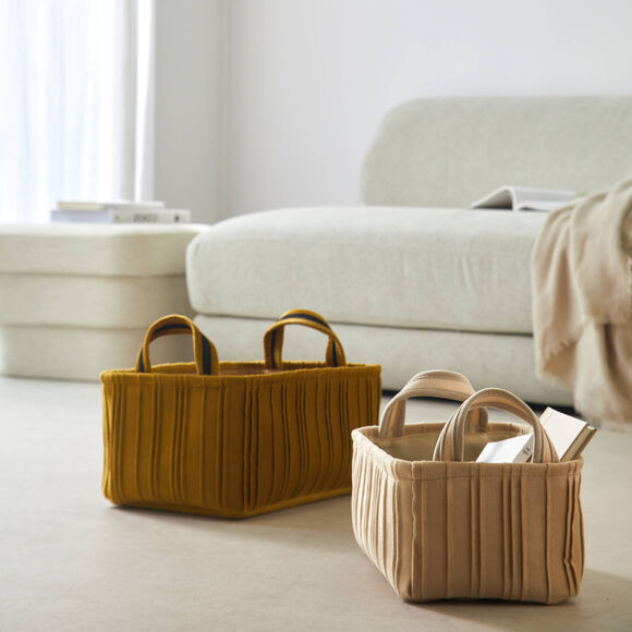 Paniers de rangement en velours pliss&eacute; - lot de 2 (beige/ocre)