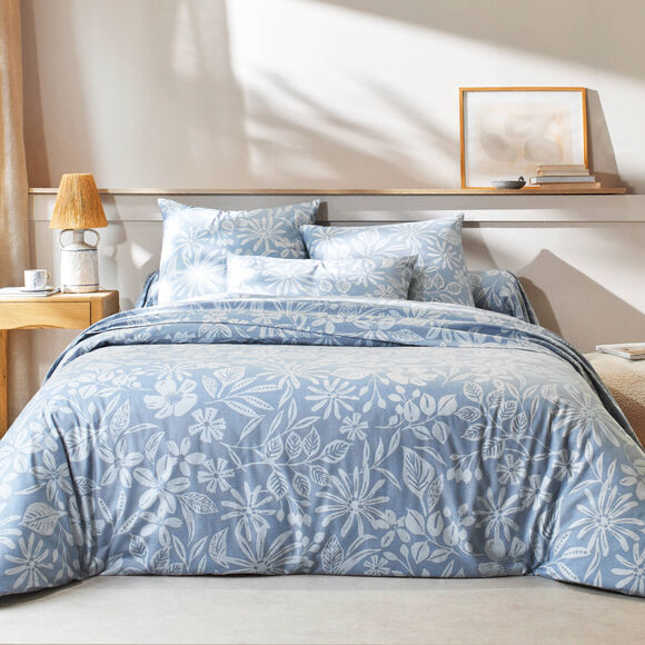 Linge de lit C&eacute;line en flanelle imprim&eacute; floral (bleu gris&eacute;)