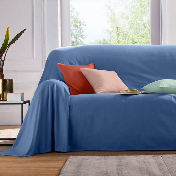 Jeté canapé coton bachette uni (bleu)