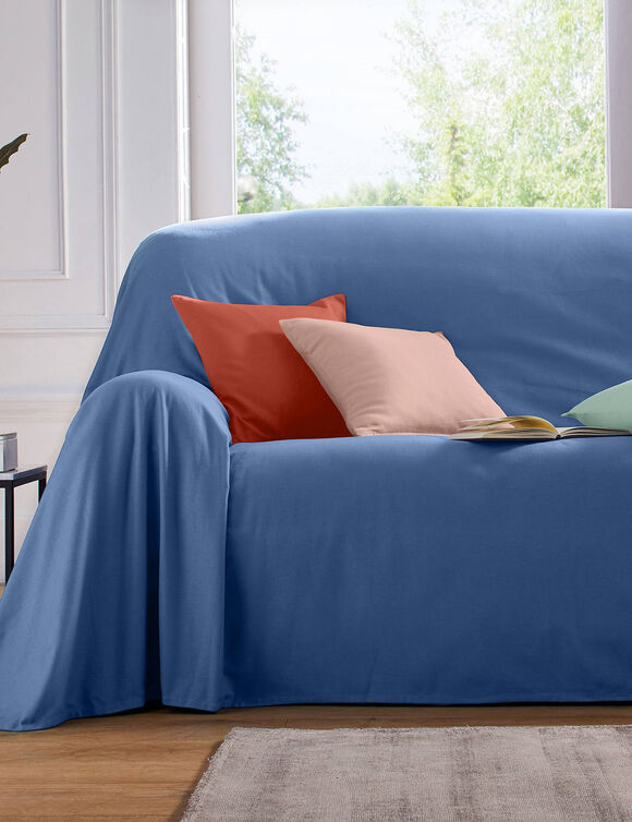 Jeté canapé coton bachette uni (bleu)