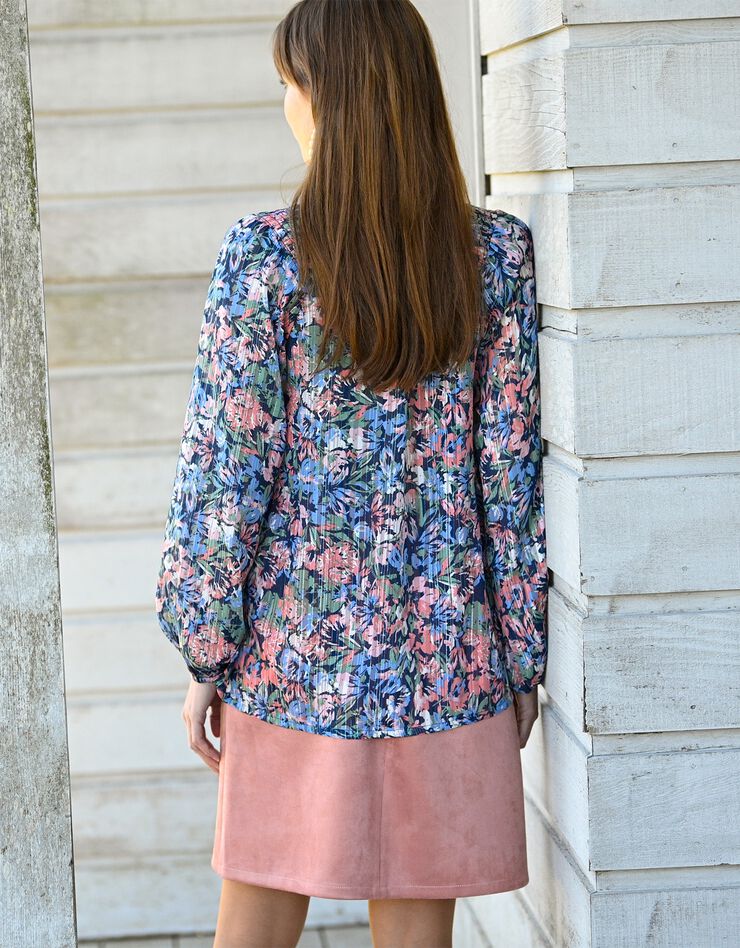 Blouse col rond smocks épaules, voile jacquard (indigo / rose) Blouse col rond smocks épaules, voile jacquard (indigo / rose)