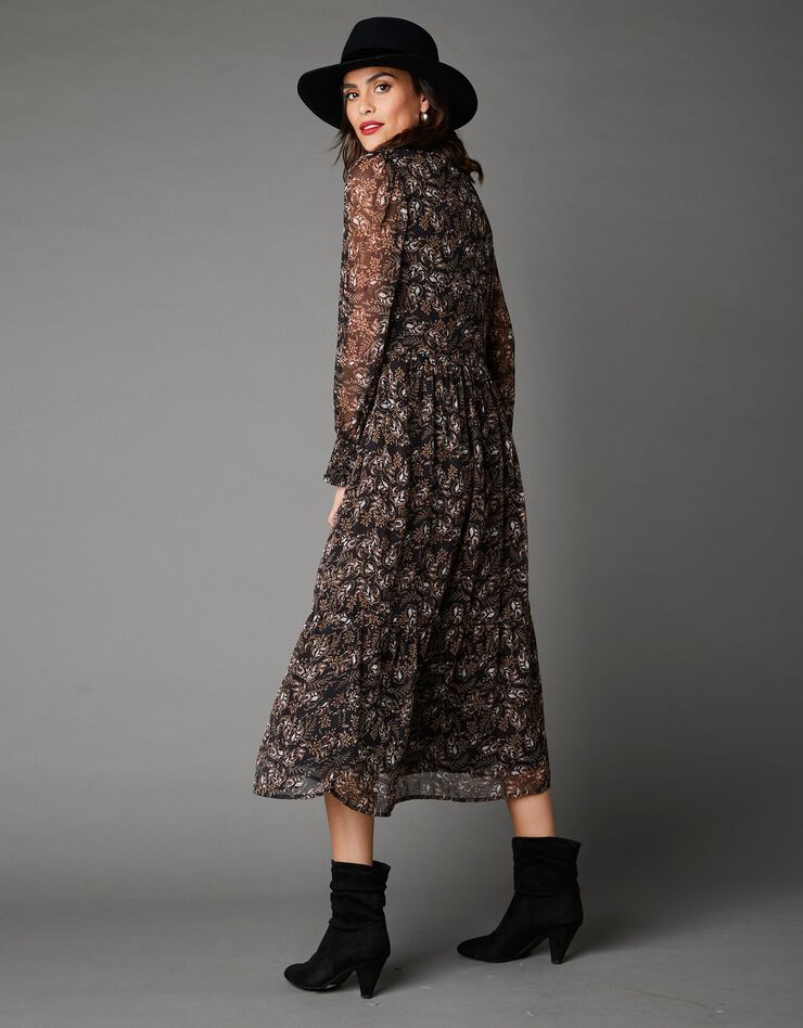 Robe mi-longue volantée imprimée (noir / beige) Robe mi-longue volantée imprimée (noir / beige)