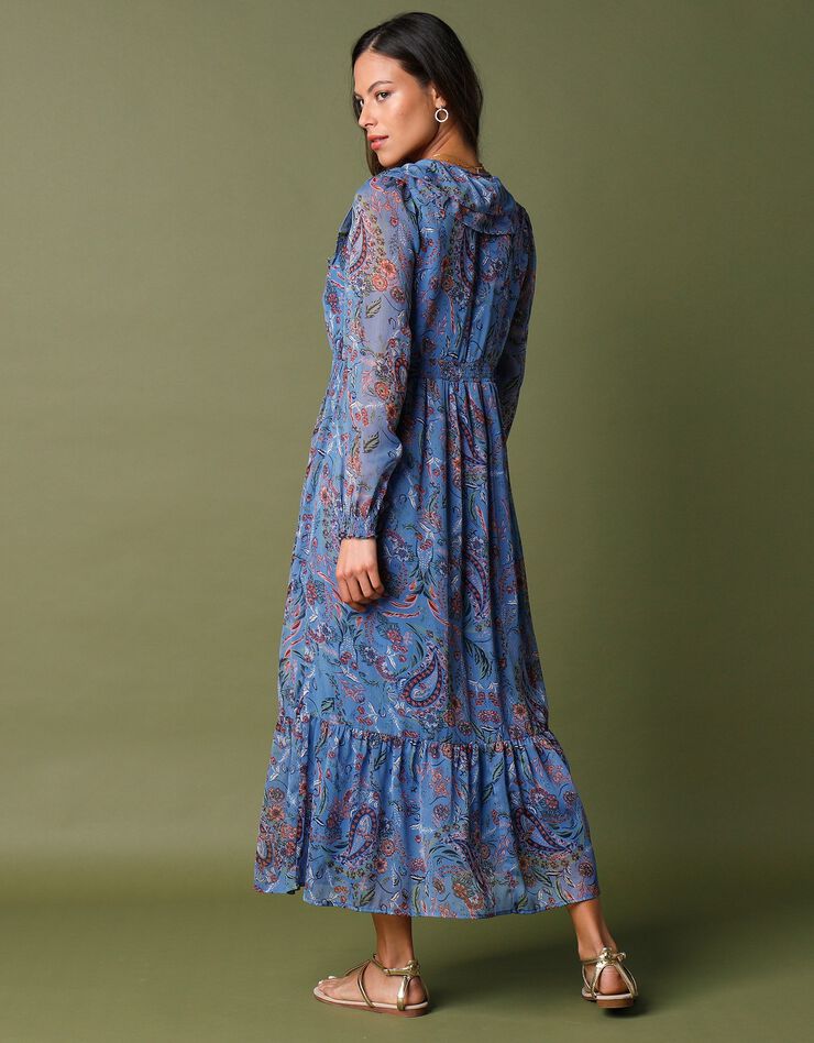 Robe longueur midi volantée en voile imprimé (bleu)
