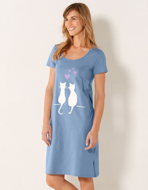 Chemise de nuit courte imprimé couple chats (bleu)