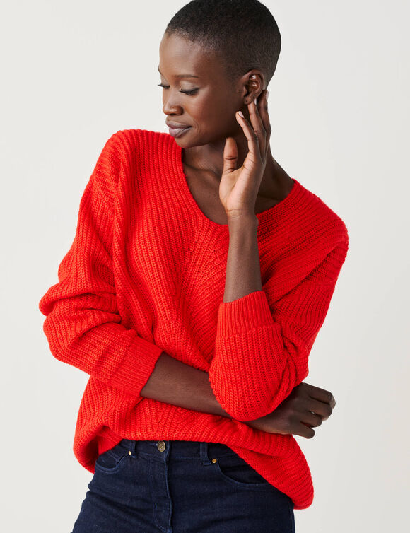 Pull col V &agrave; c&ocirc;tes en biais, maille anglaise (rouge)
