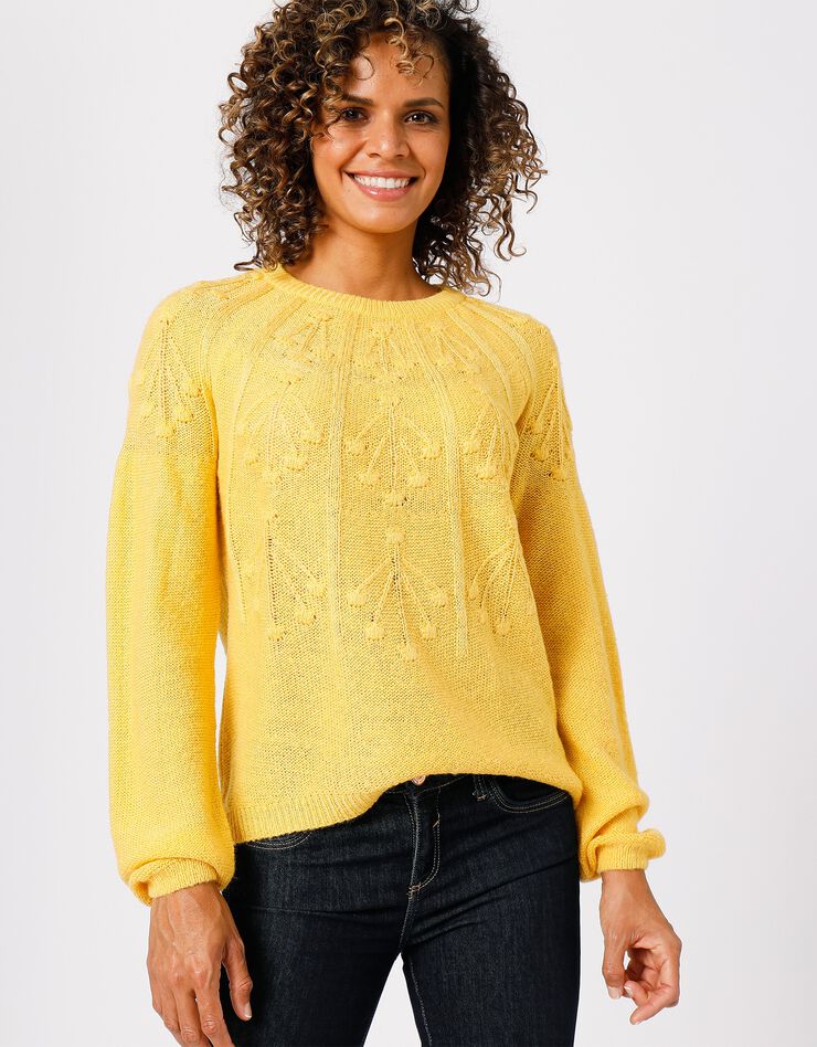 Pull manches longues torsades et pompons (jaune) Pull manches longues torsades et pompons (jaune)