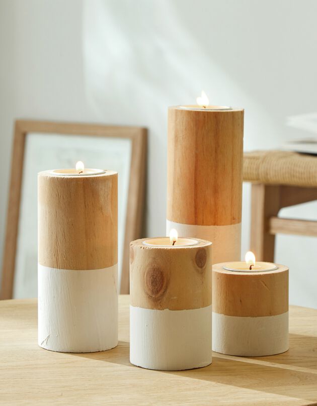 Bougeoirs en bois ronds bicolores - lot de 4 (bois/blanc)