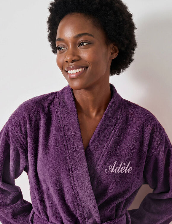 Peignoir court mixte uni col kimono, &agrave; personnaliser - &eacute;ponge bouclette 380 g/m&sup2; (aubergine)