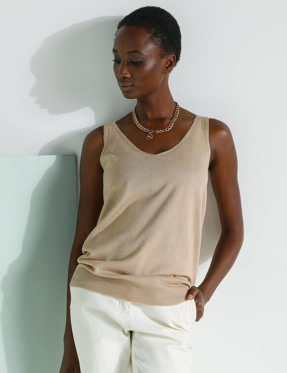 Pull sans manches col V (beige)