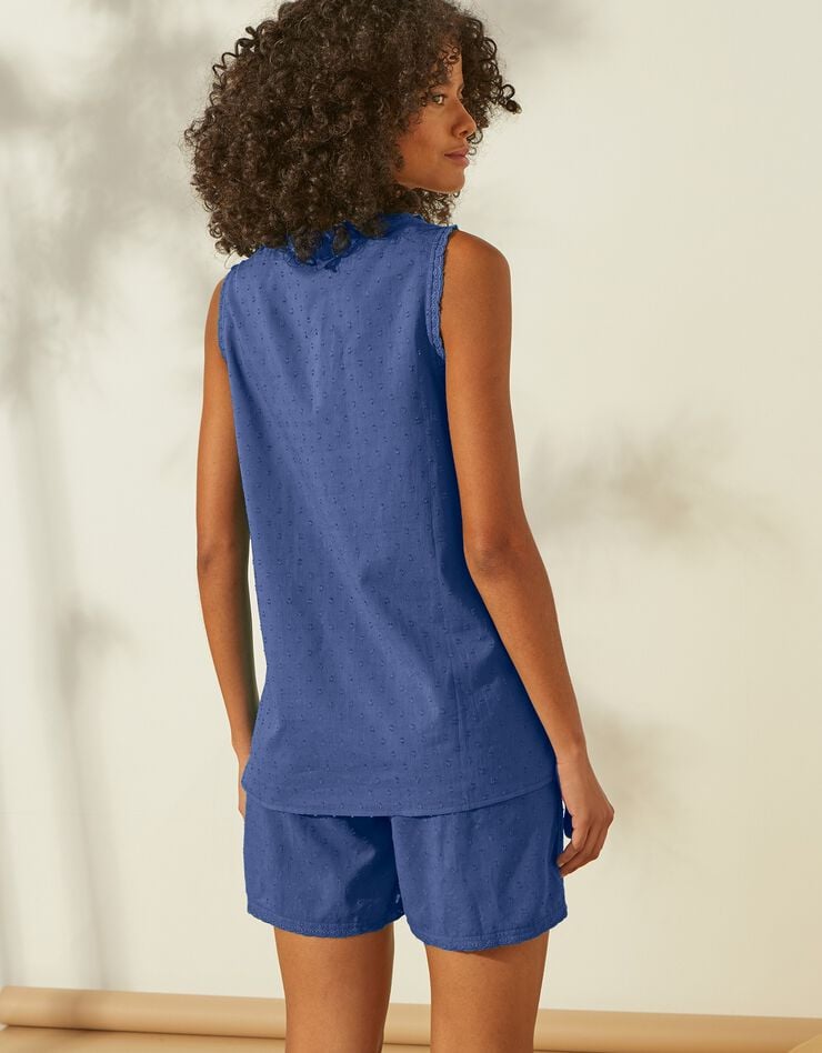 Pyjama short léger en voile de coton effet plumetis - sans manches (bleu)