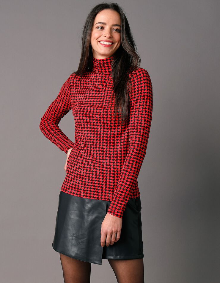 Sous-pull col montant imprimé pied-de-poule, stretch (noir / rouge)