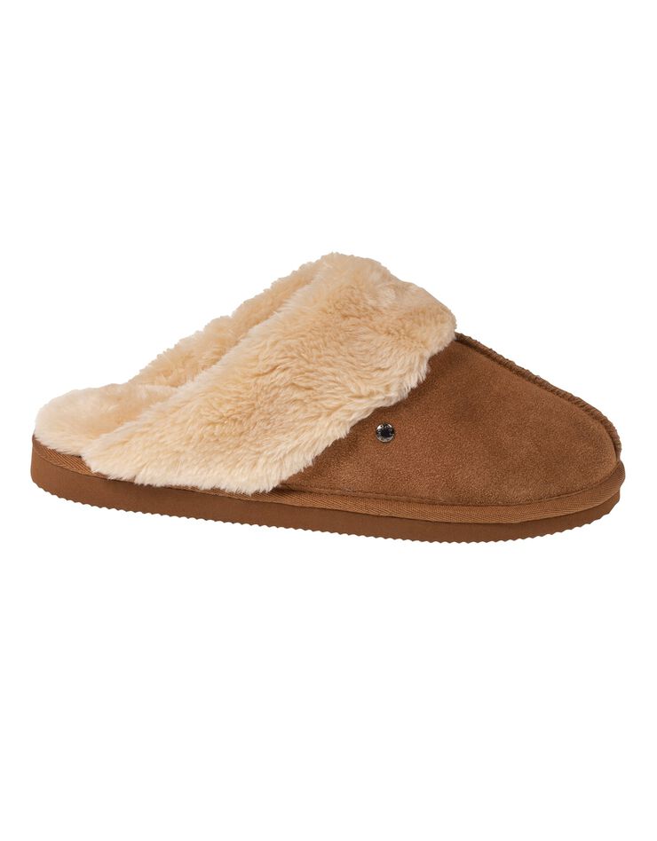 Chaussons mules plates cuir et fausse fourrure (beige foncé) Chaussons mules plates cuir et fausse fourrure (beige foncé)