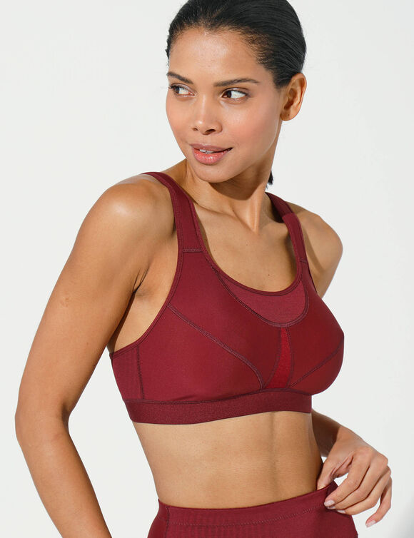 Soutien-gorge sport maille stretch et tulle résille forme brassière - sans armatures (aubergine)