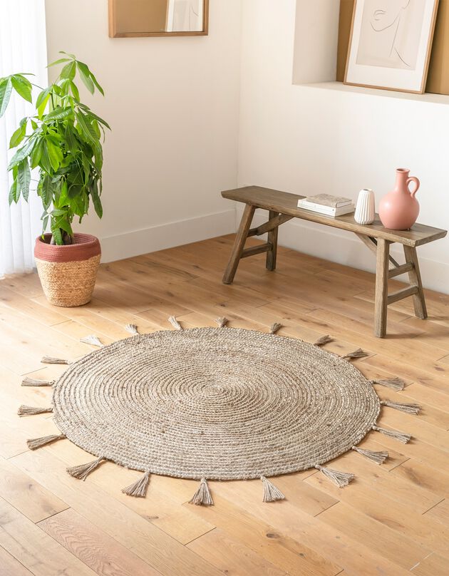 Tapis rond en jute avec fil scintillant et pompons  (naturel)
