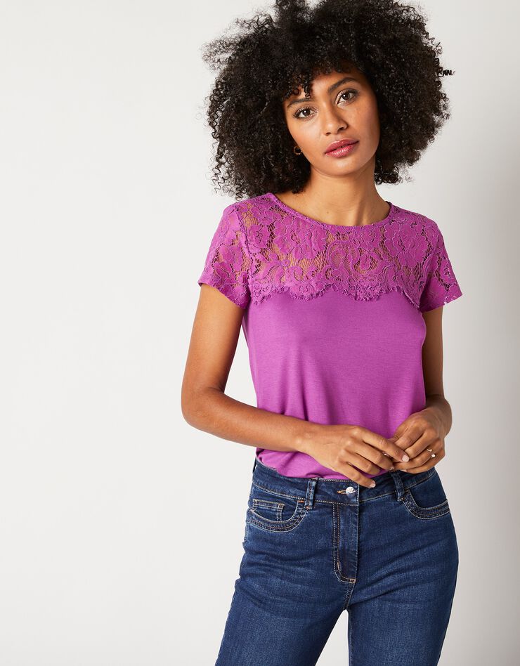 T-shirt dentelle col rond manches courtes (violine)