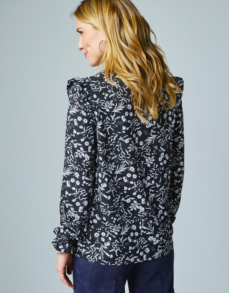 Blouse fleurie volantée à broderies contrastantes (noir / blanc) Blouse fleurie volantée à broderies contrastantes (noir / blanc)