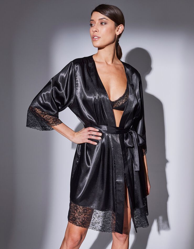 Peignoir court satin et dentelle (noir)