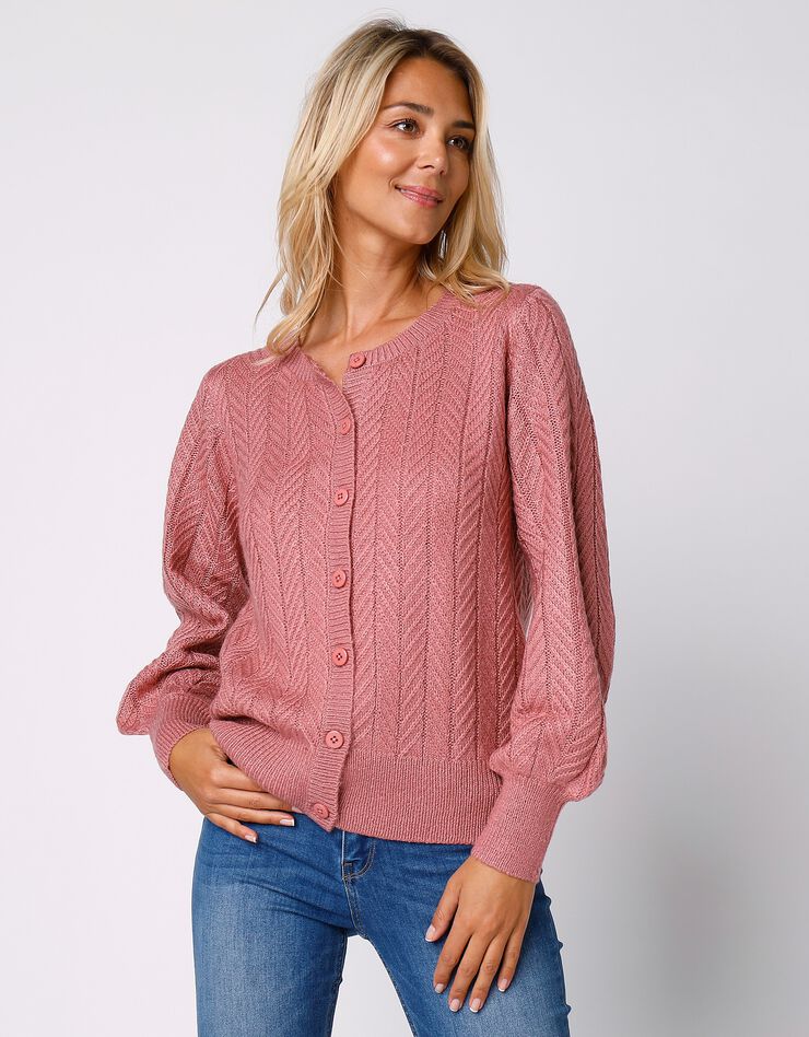 Cardigan boutonné maille fantaisie manches bouffantes (bois de rose) Cardigan boutonné maille fantaisie manches bouffantes (bois de rose)