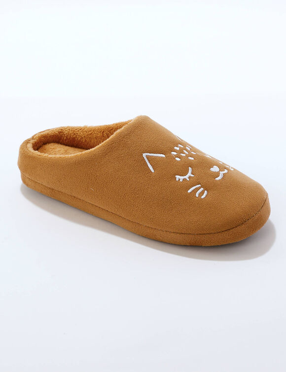 Mules polaire brodées chat (caramel)