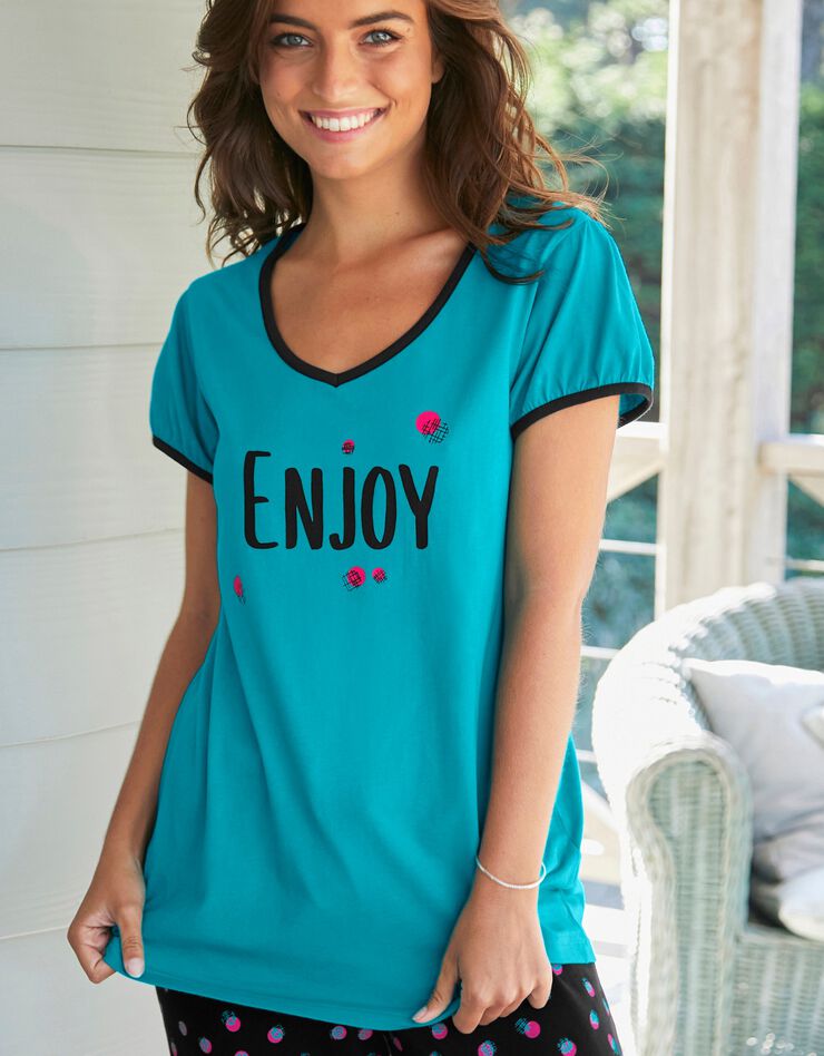 Tee-shirt manches courtes coton uni imprimé placé "Enjoy"  (émeraude)