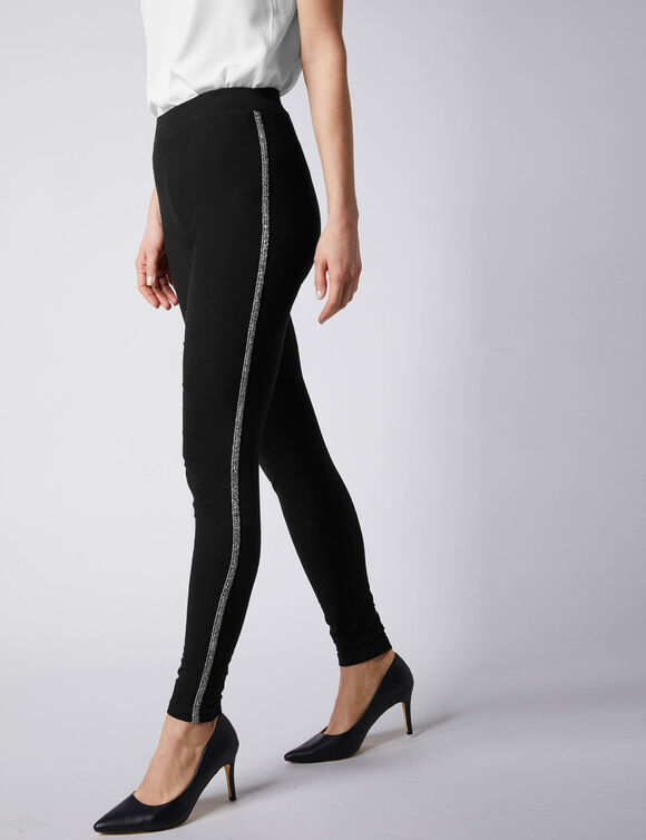 Legging uni bande c&ocirc;t&eacute; brillante, maille (noir)